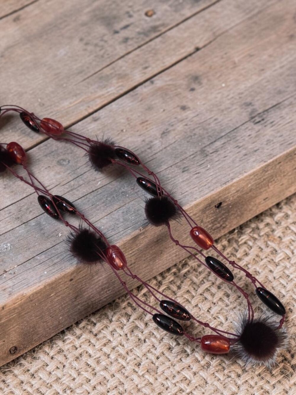 Vintage 80's Unique Fuzzy Fur Ball Long Layering Necklace - Red